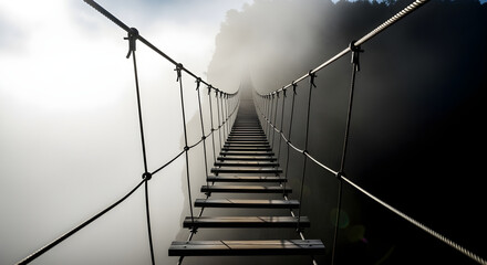 Suspension bridge disappearing into the fog, misty landscape.