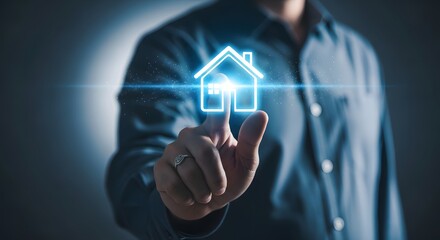 Smart Home Technology A Man Interacting with a Digital House Icon