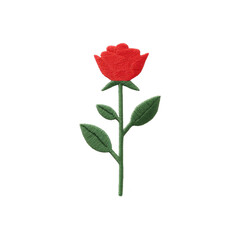 Fototapeta premium Vibrant red rose embroidery design with green leaves and stem, showcasing intricate stitching on transparency background. Perfect for textile decoration or fashion embellishment