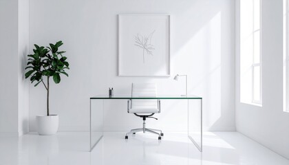 Clean workspace with plant and glass desk in minimal, bright, white interior