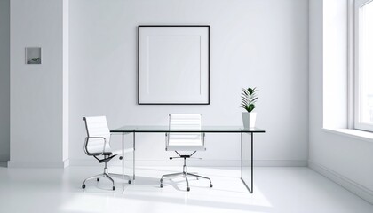 Bright white office with glass desk, two white chairs, square artwork, and potted plant by window