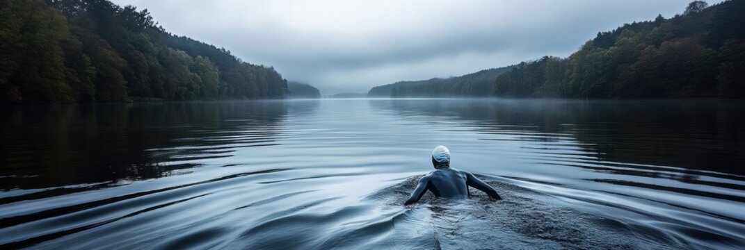 Solo swimmer in open misty lake moving forward surrounded by forest and low fog on calm water. Concept of solitude, endurance, nature.