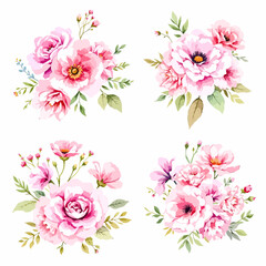 Set of bouquet vector. Watercolor floral arrangement with wildflower, rose, poppy, sunflower, eucalyptus, leaves branch in minimal style. Botanical illustration design for logo, wedding, decor, print.