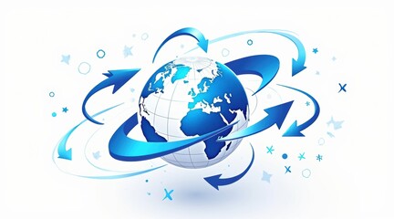 A digital illustration of a globe with swirling blue arrows, symbolizing global connectivity and worldwide communication.