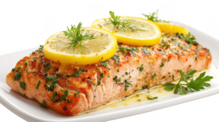 Delicious grilled salmon fillet topped with lemon slices, fresh herbs, and spices, served on a white plate with transparent background, offering a healthy and flavorful meal