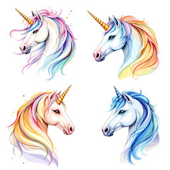 Set Beautiful watercolor unicorns in pink and purple colors.  © Watercol
