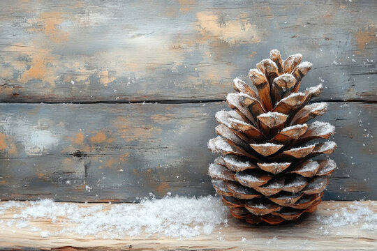 Snow-covered pine cone on wooden surface - Powered by Adobe