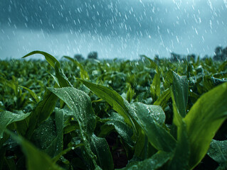Rain falling on green crops, water droplets glistening on leaves, dramatic sky