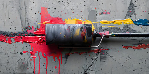 Paint Roller on Textured Gray Wall Surrounded by Vibrant Red, Yellow, and Black Paint Splashes

