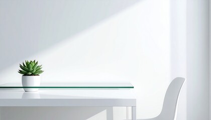 Small potted plant on a white table in a bright room with harsh sunlight