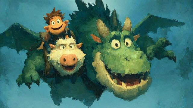Animated adventure: A young boy and his whimsical two-headed dragon soaring through the sky