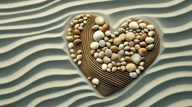 A heart made of shells on a beach. The shells are scattered around the heart, creating a beautiful and unique design. Concept of peace and tranquility, as the shells are arranged in a natural