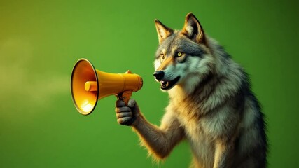 A wolf holds a yellow megaphone against a vibrant green backdrop, seemingly making an announcement