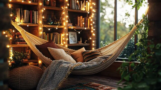 Cozy hammock with pillows and blanket in a rustic room with string lights and bookshelves.