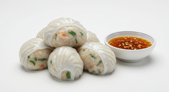 Thai-style steamed dumplings (khanom jeeb) with dipping isolated on a white background for food photography