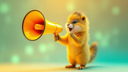 Adorable fluffy creature holds a yellow megaphone, making an announcement on a teal background