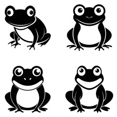 Four Monochrome Cartoon Frog Illustrations with Large Eyes and White Bellies on White