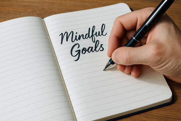 Businessman writing mindful goals in notebook using pen