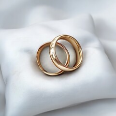 Gold wedding rings on white satin pillow symbol of love and marriage ceremony for wedding invitation