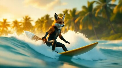 An anthropomorphic fox in a wetsuit surfs a wave at sunset near a tropical island - Powered by Adobe