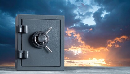 Steel safe against dramatic sunset sky backdrop