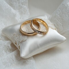 Gold wedding rings on white pillow with lace a symbol of love and commitment for a happy marriage day