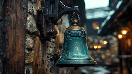 Vintage cast iron bell with wooden background High Resolution Picture