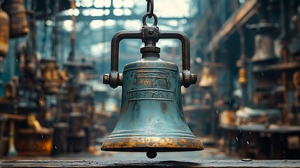 Ornate mechanical doorbell on faded wood High Resolution Picture