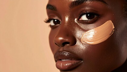 Woman with glowing dark skin, foundation swatched on her cheek, against a neutral peach backdrop