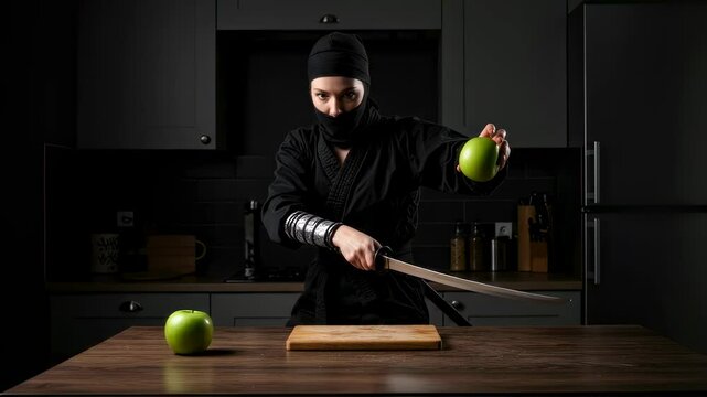 Ninja skillfully slicing green apple with katana in kitchen showcasing precision and mastery
