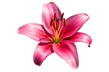 Beautiful pink lily blossom with yellow stamens isolated on a transparent background