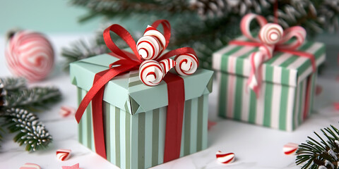 Two Festive Gift Boxes with Red and Green Stripes and Candy Cane Bows Amid Pine Branches and Ornaments

