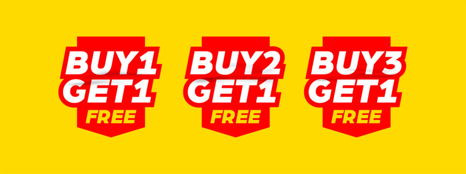 Special promo product label vector illustration, buy 1 get 1 free, buy 2 get 1 free, and buy 3 get 1 free set of sale banner