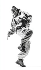 Dancer in hoodie and cargo pants striking elevated pose in white background photo. Concept of athleticism, energy, youth style, hip-hop dance, and physical control.