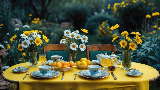 Bright festive table setting in a yellow palette with daisies, tea, and fruit in a garden in nature, with empty copy space for text.