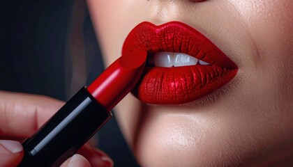Red lipstick applied to full lips. Creamy texture, healthy skin, partial face view