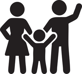 Simple Black and White Pictogram Depicting a Family of Three with a Child Raising Their Arms