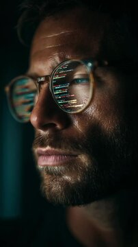 Focused male programmer with complex code lines reflecting in his glasses works intently in a dark room, symbolizing software development, data analysis and intense dedication to technology