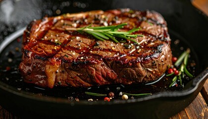 Grilled steak with rosemary, pepper in black cast-iron skillet on dark wood