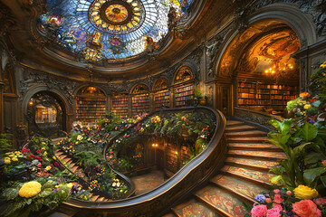 Obraz premium Opulent Library Interior with Floral Decoration and Stained Glass Dome