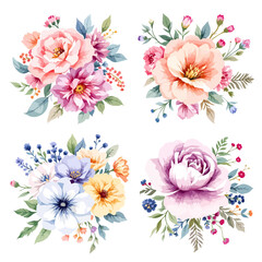 Watercolor wildflower set with daisies, forget-me-nots, cornflowers, poppies, bellflowers, and clover in botanical illustration