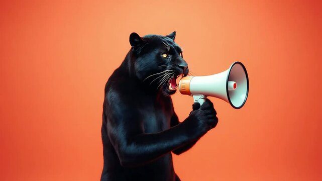Black panther with intense gaze holds megaphone against vibrant orange backdrop, conveying a powerful message