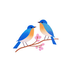 Two colorful birds perched on branch with pink flowers, showcasing vibrant blue and orange feathers. scene is delicate and artistic, resembling embroidery