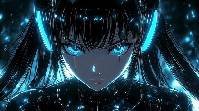 Anime girl with blue eyes and headphones, futuristic style