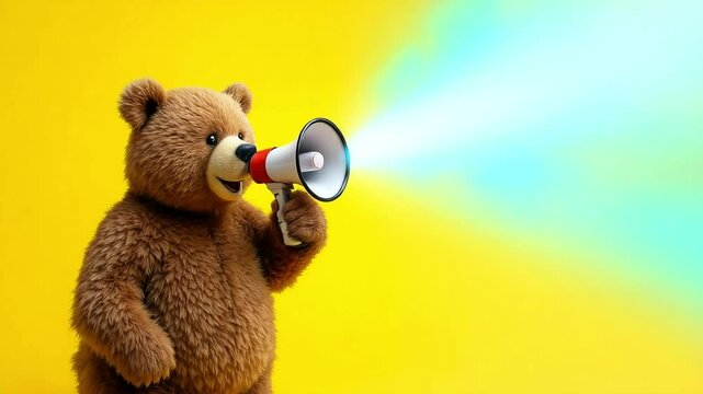 Brown teddy bear holding megaphone with blue light beam on yellow background