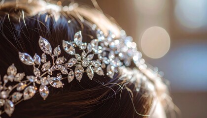 Close-up jeweled floral headpiece adorns brunette hair. Bokeh background