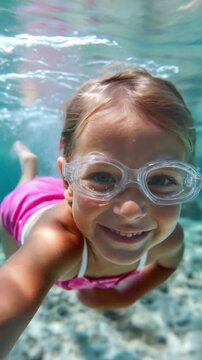 Smiling young girl wearing swim goggles underwater in a tropical sea, arms extended toward the camera, joyful summer moment in clear blue water &ndash; Generative AI