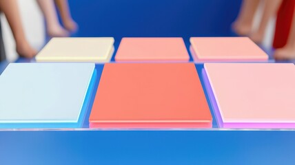 Colorful square tiles arranged on a blue surface with blurred people in the background.