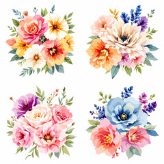 Wild flowers set, watercolor digital illustration.	