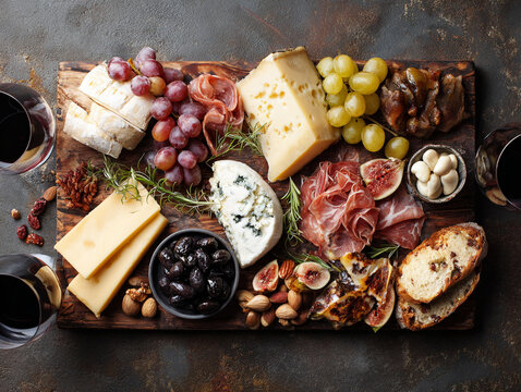 Flat lay of assorted charcuterie board with meats, cheeses and fruits